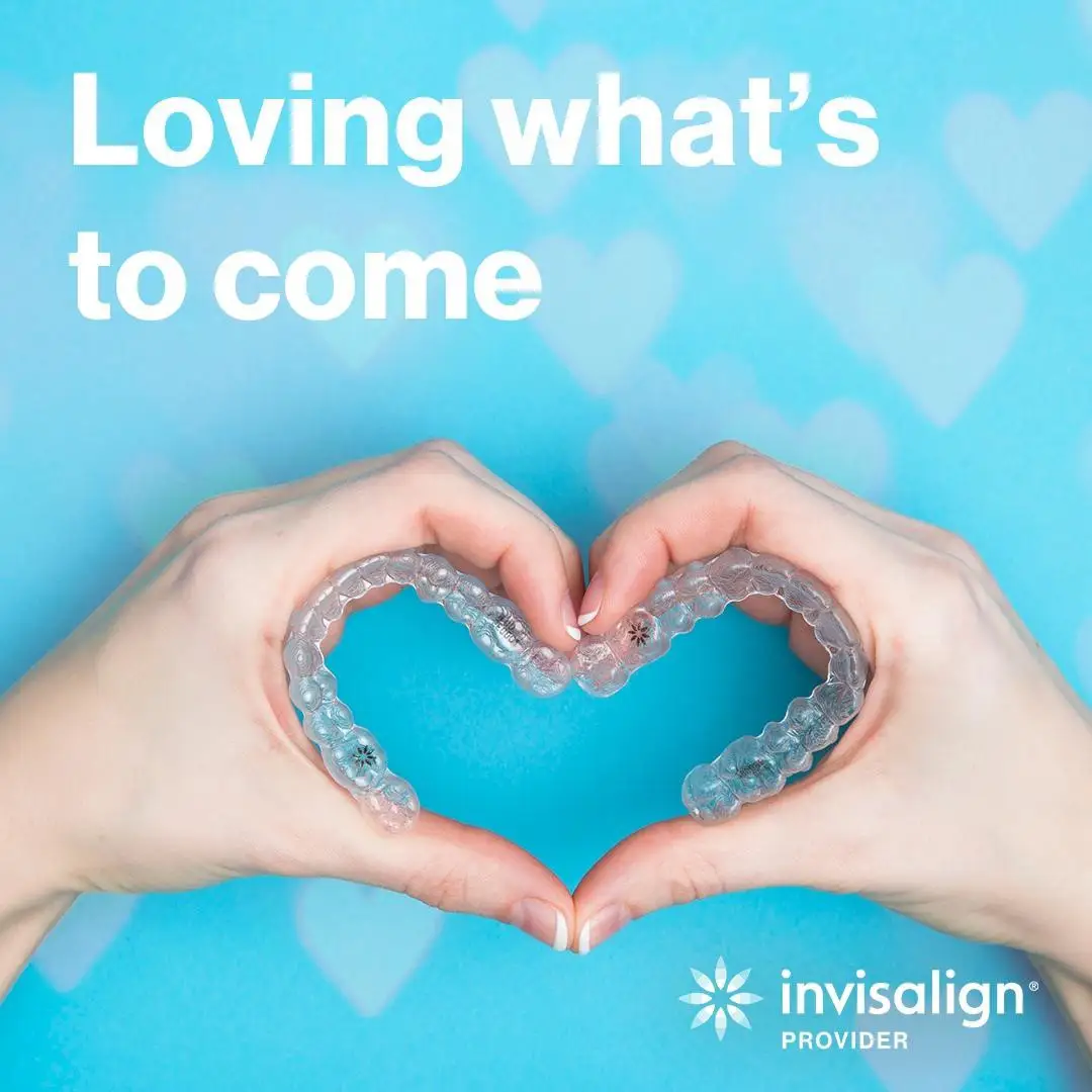 Invisalign banner with two hands forming a heart and the phrase "Loving what's to come"