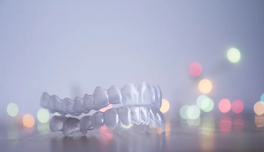 Invisalign aligners with lights in the background